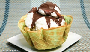 Vanilla Ice Cream isn't so plain when it's served in a Pandan Waffle Bowl and the topped with rich chocolate sauce. Yummy!!