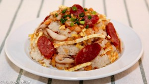 Sticky Rice with Chinese Sausages, Shrimp, Egg and Chicken - a plethora of amazing flavors! | recipe from runawayrice.com