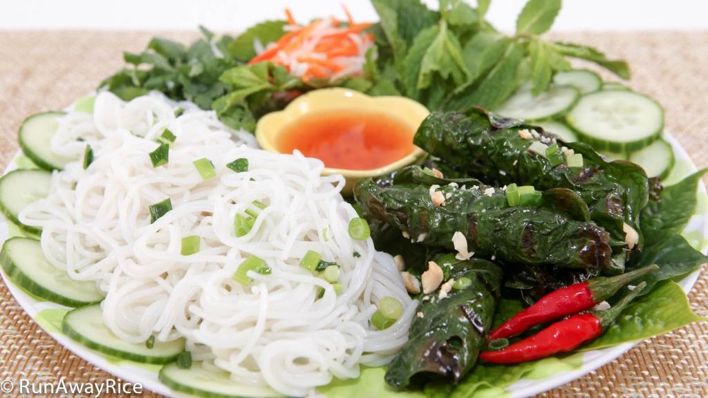 Beef Wrapped with Betel Leaves is served with rice vermicelli, carrot and radish pickles, fish sauce dipping sauce and more fresh greens. Yum!