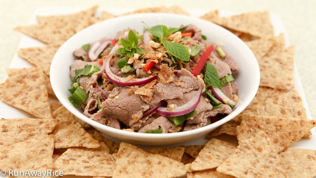 Rare Beef in Lime Juice and Fresh Herbs Salad served with Rice Chips, recipe from runawayrice.com
