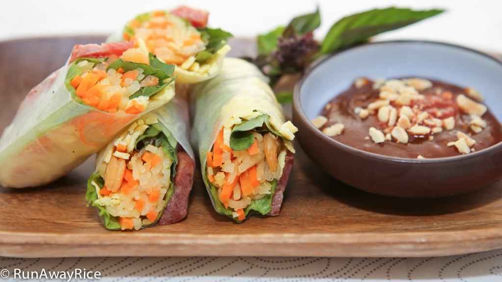 Must-Try Recipe--Savory Fresh Spring Rolls with Chinese Sausage, Jicama, Carrots, Shrimp Egg with a delicious Dipping Sauce (Bo Bia) | recipe from runawayrice.com
