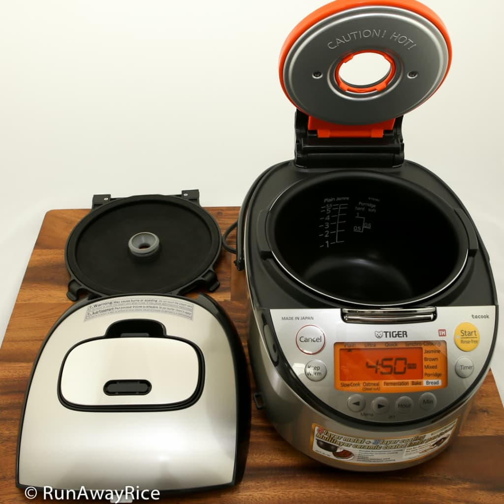 Tiger IH 5.5 Rice Cooker - Showing removable inner and outer lids for easy cleaning! | runawayrice.com