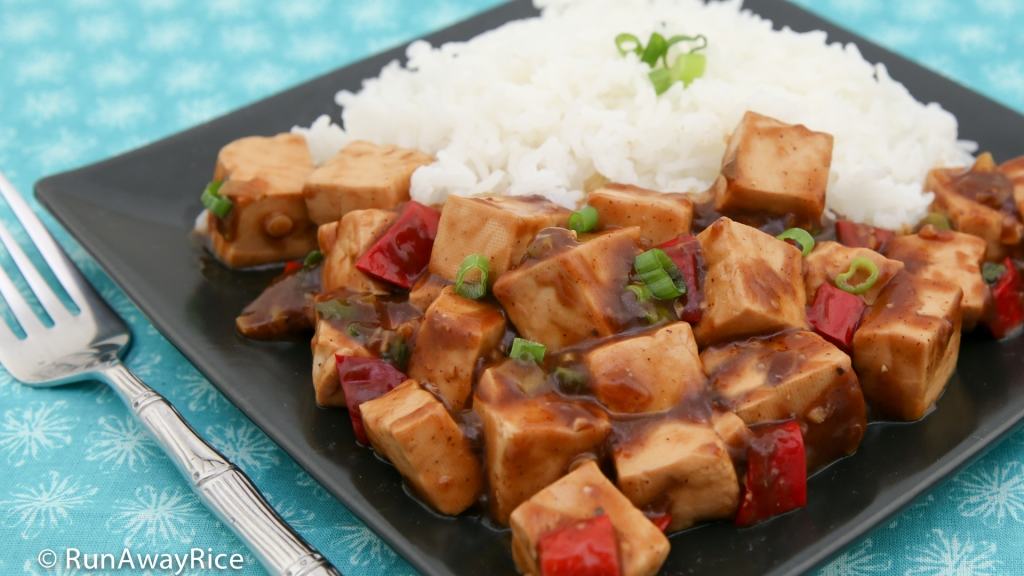 Tofu in Black Bean Sauce (Dau Hu Sot Tuong Den) served with rice, a vegetarian's go-to dish | recipe from runawayrice.com