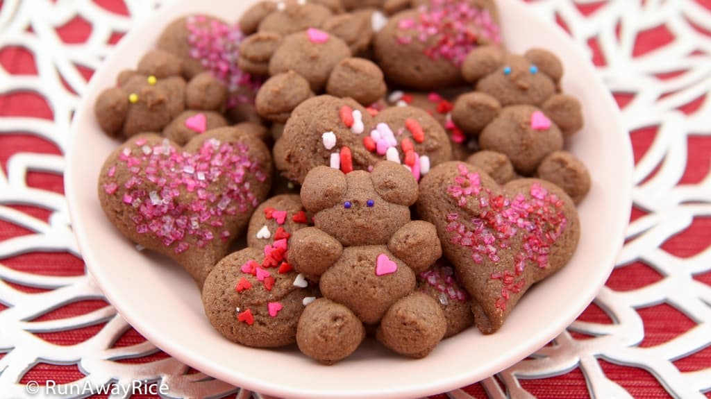 Chocolate Shortbread Cookies for Valentine's Day - Adorable heart and teddy bear cookies decorated with Valentine sprinkles and sanding sugar | recipe from runawayrice.com