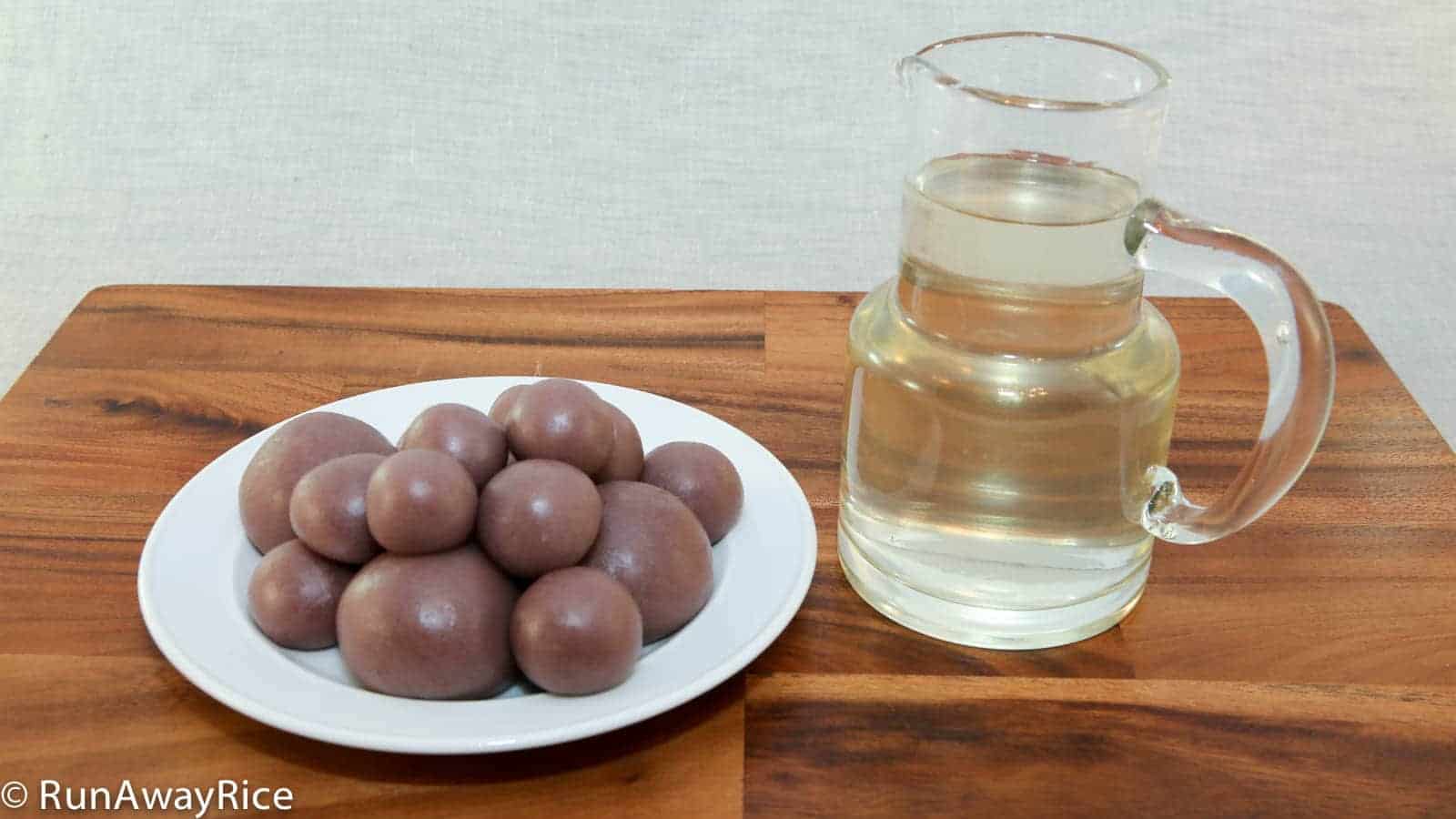 2 Essential Ingredients for making Snowskin Mooncakes: Taro Root Filling Balls and Simple Syrup