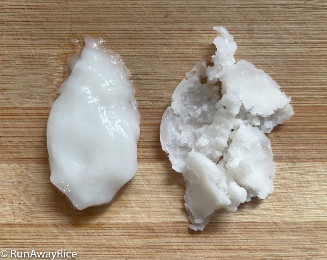 Side-by-side comparison of cooked rice flour and glutinous rice flour highlighting their distinct textures and cooking properties.