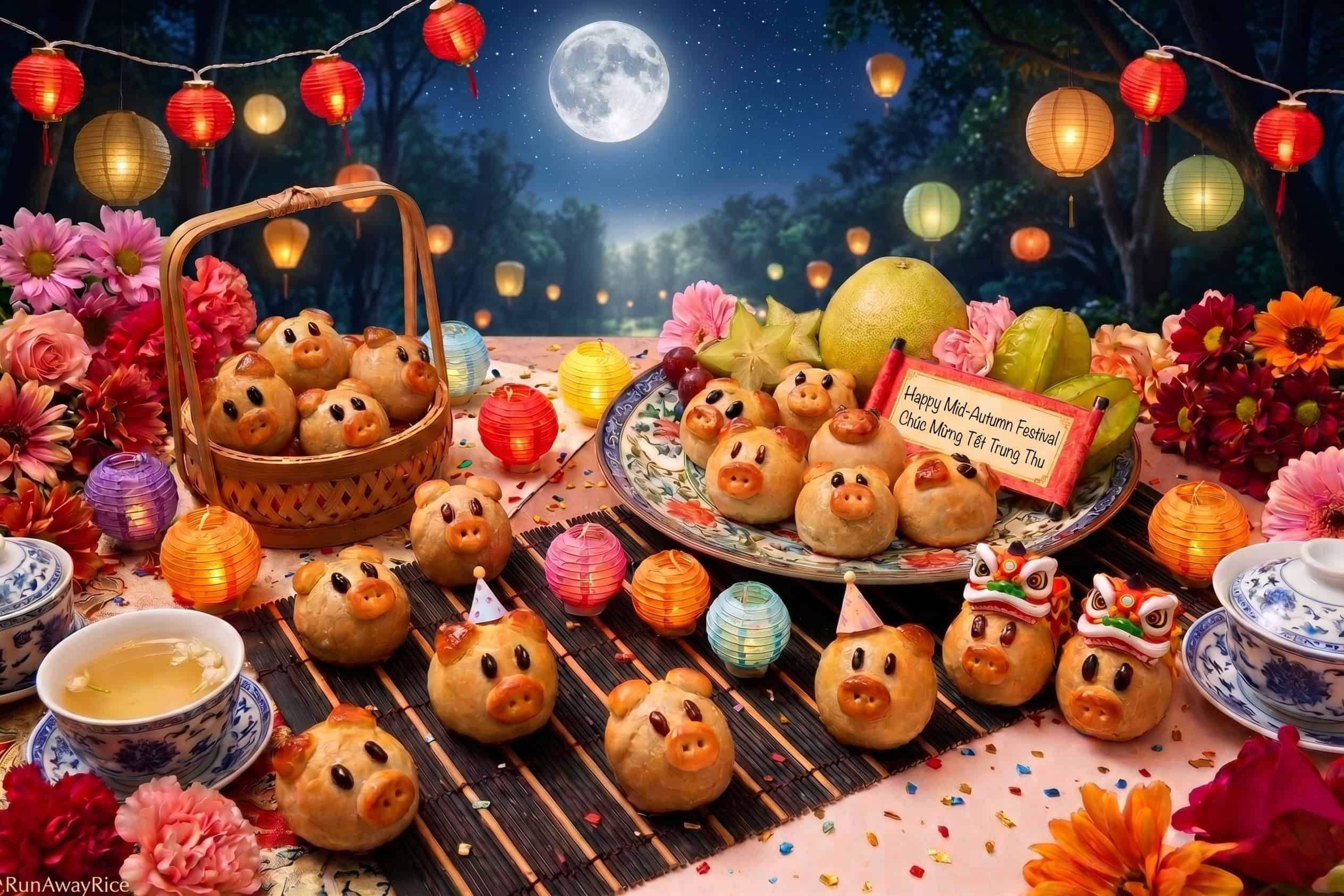 Festive moonlit scene with pig-shaped pastries and colorful lanterns.